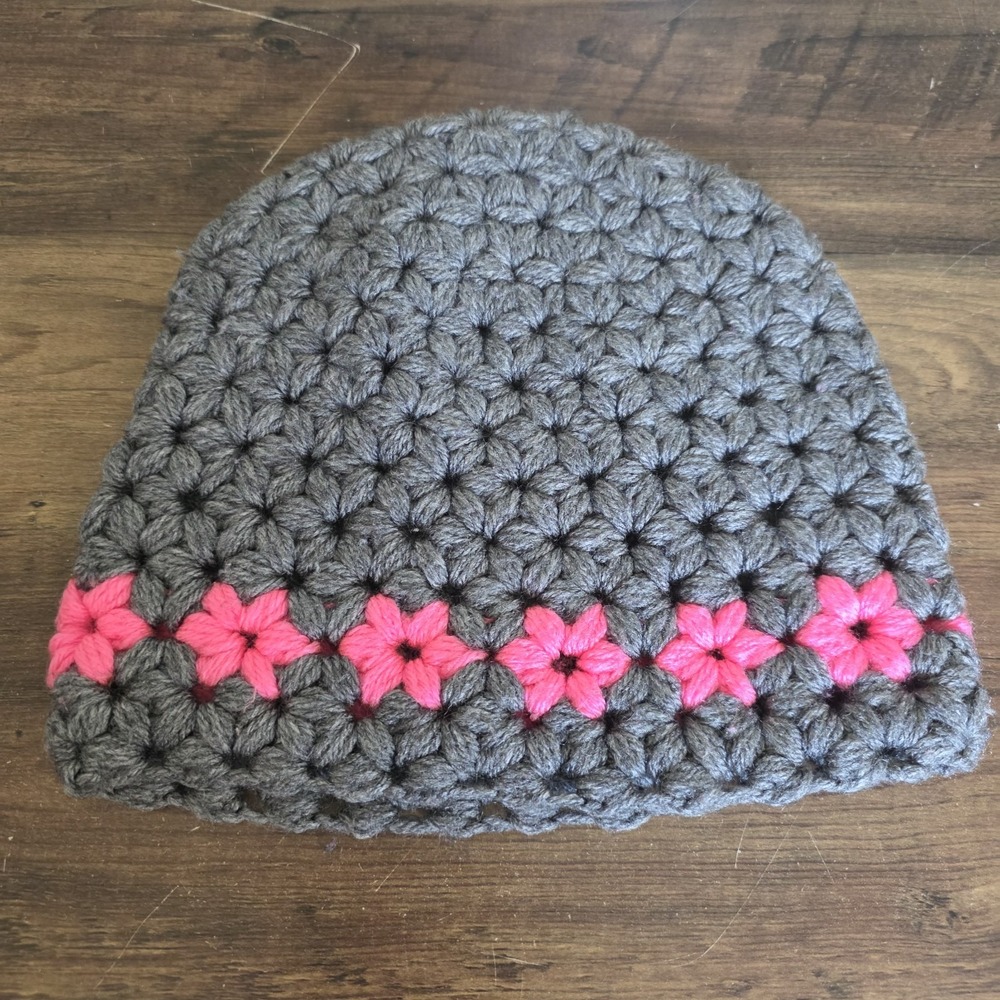 Handmade Knit Crochet Beanie Hat Women Dark Gray Pink Flowers Winter 10" x 9"